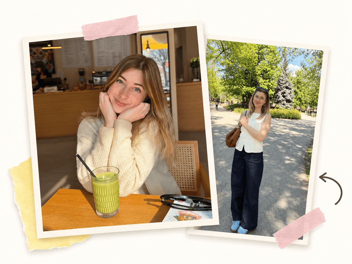 Clémence au café avec un matcha et lors d’une promenade dans un parc